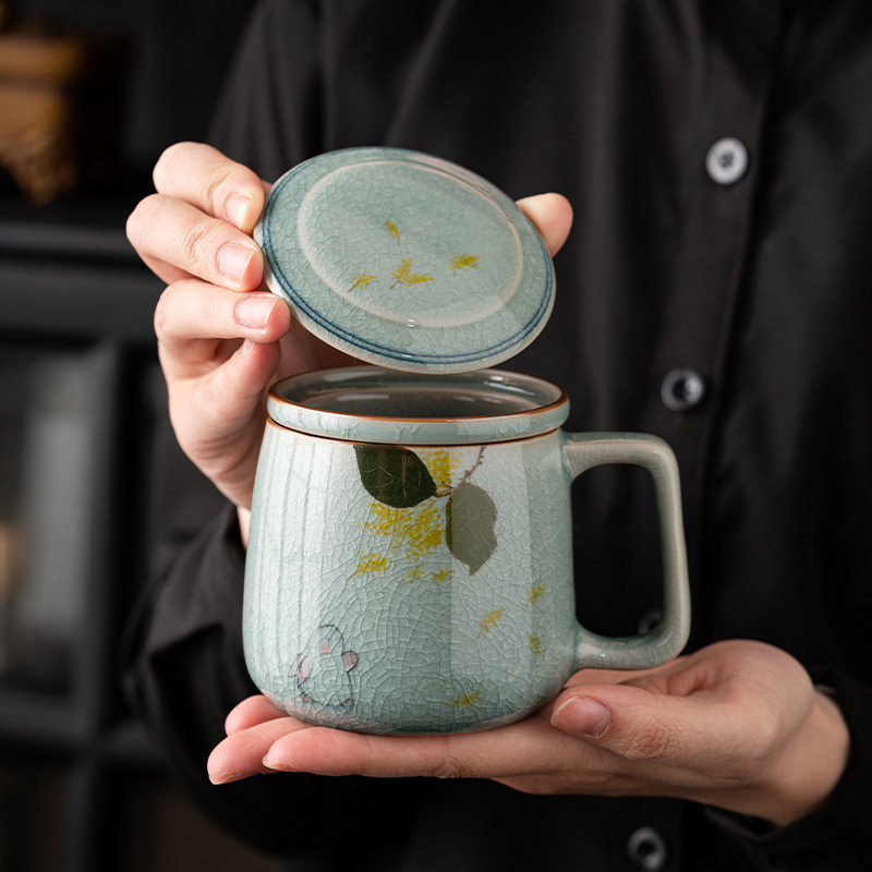 速发冰片手绘玉兔马克杯个盖子办公茶泡茶杯带人专用室水分离杯子