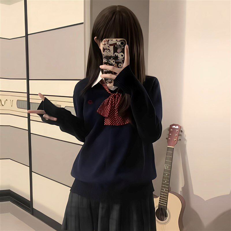 速发jk制服套头毛上秋冬学院风V领刺绣针衣衫织衣长袖外套