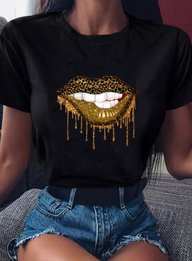 速发Sumr Fashio Shirt Lipp Leopd Grash T Shirt Wo Ha