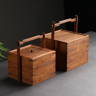 速发竹制复古提盒双层道心食提席面茶箱户外便携盒箱收纳茶点配件