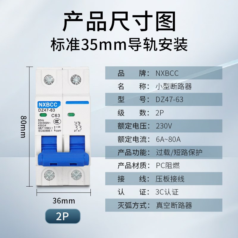 空气开关100A小型断路器DZ47-63A空开家用保护M器1P2P3P4P125A