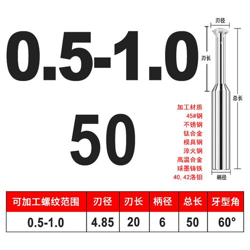 60度高硬单牙单齿区间范围螺纹铣刀铣牙刀钨钢合金0.25-3.5螺距值