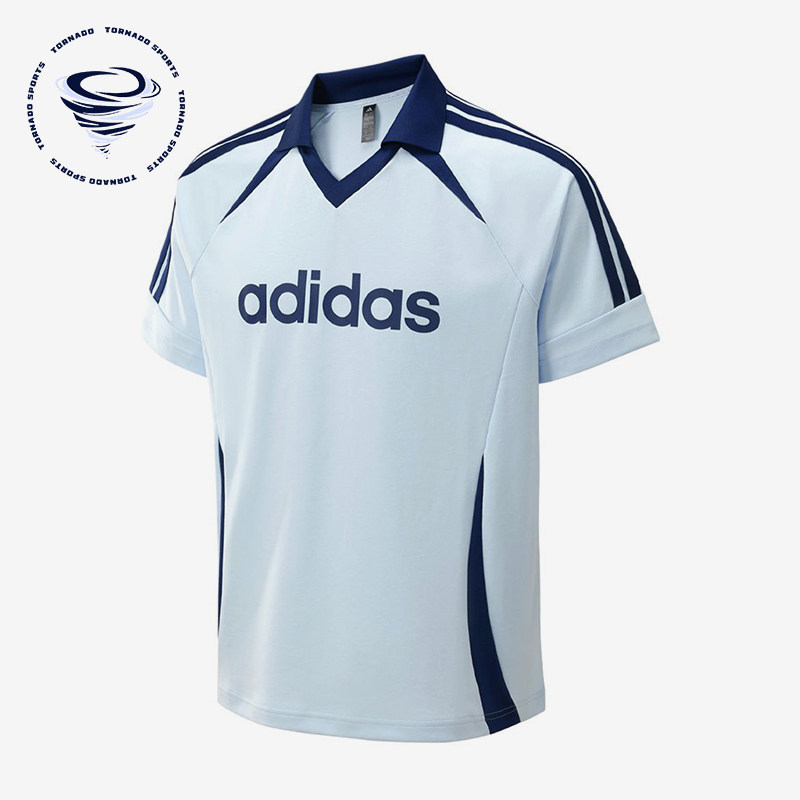 Adidas/阿迪达斯正品V领简约条纹男浅蓝色快干经典短袖T恤KY2146