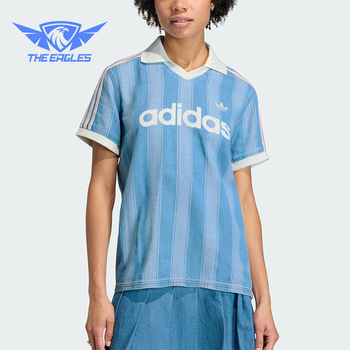 Adidas/阿迪达斯正品三叶草新款女浅蓝白色社交经典短袖T恤KD5448