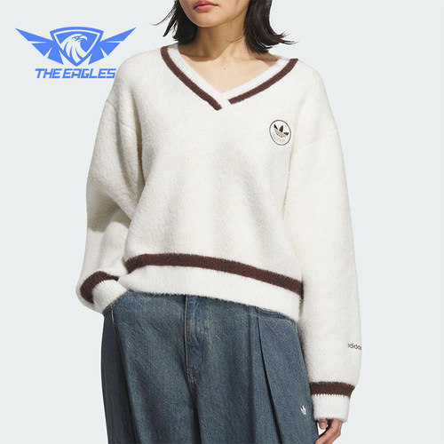 Adidas/阿迪达斯正品三叶草女士休闲V领复古针织耐穿套头衫KC2687