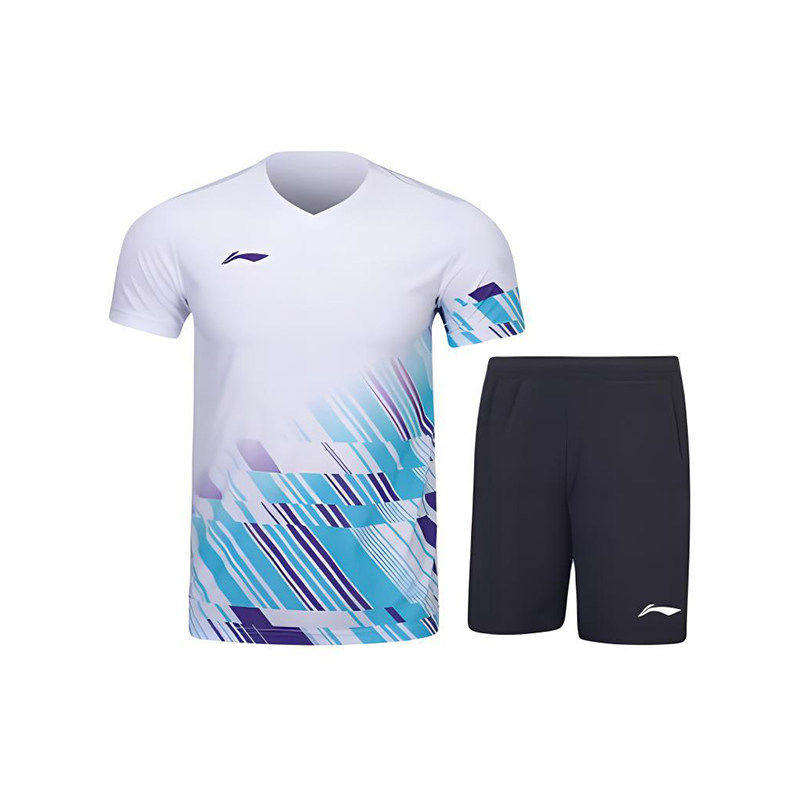 李宁正品羽毛球系列男女印花V领短袖中腰短裤运动套装AATU052-2