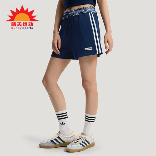 Adidas/阿迪达斯正品三叶草女士运动针织休闲格纹拼接短裤KU9394