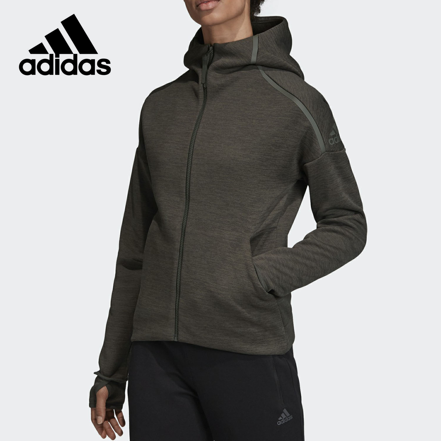 Adidas/阿迪达斯正品女子拇指洞连帽针织运动休闲夹克外套 EA0342