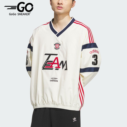 Adidas/阿迪达斯正品三叶草男士拼接宽松梭织V领长袖套头衫KC0112