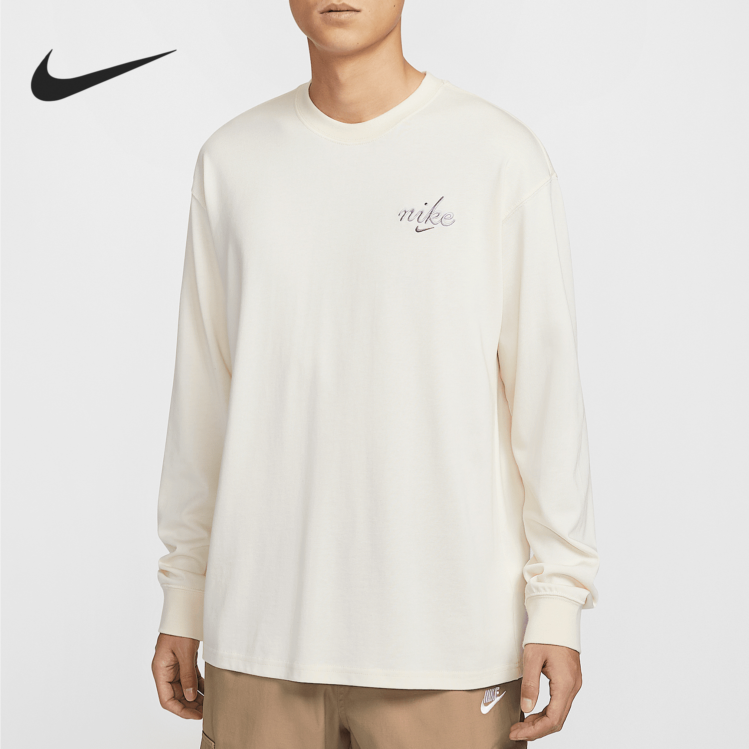 Nike/耐克官方正品Sportswear男士刺绣圆领长袖T恤HQ8166-901