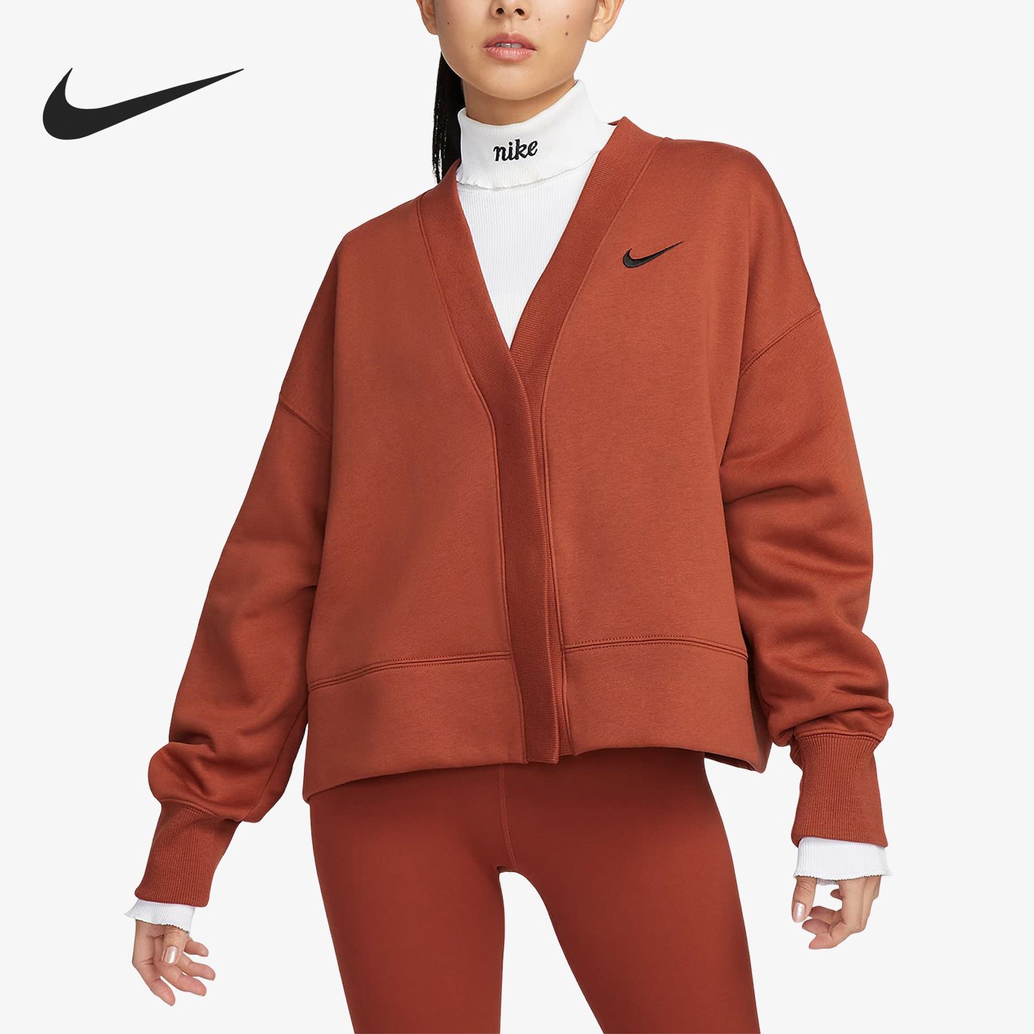 Nike/耐克官方正品新款女士加绒针织宽松时尚复古外套FB8773-832