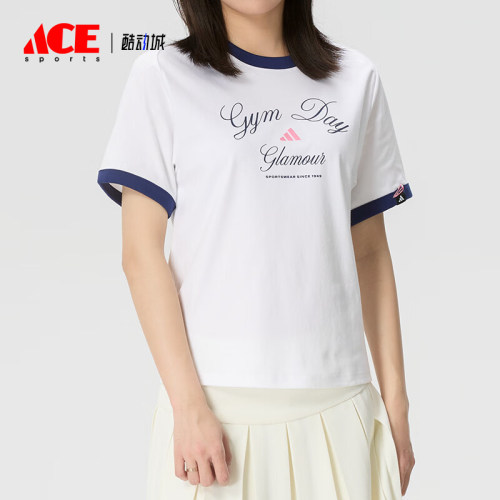 Adidas/阿迪达斯正品VERBIAGE新款女白蓝色撞色经典短袖T恤KB7196