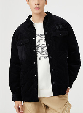 李宁正品冬季新款男子刺绣宽松保暖灯芯绒中长款棉服外套AFMR459