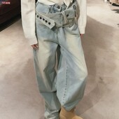 美式 复众多口袋拼牛子女辣妹感百搭裤 古小腰封接仔裤 设计拖地大码