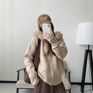 宽松连帽针织开衫毛衣大毛领外套女秋冬可拆卸慵懒风韩系外搭衣服