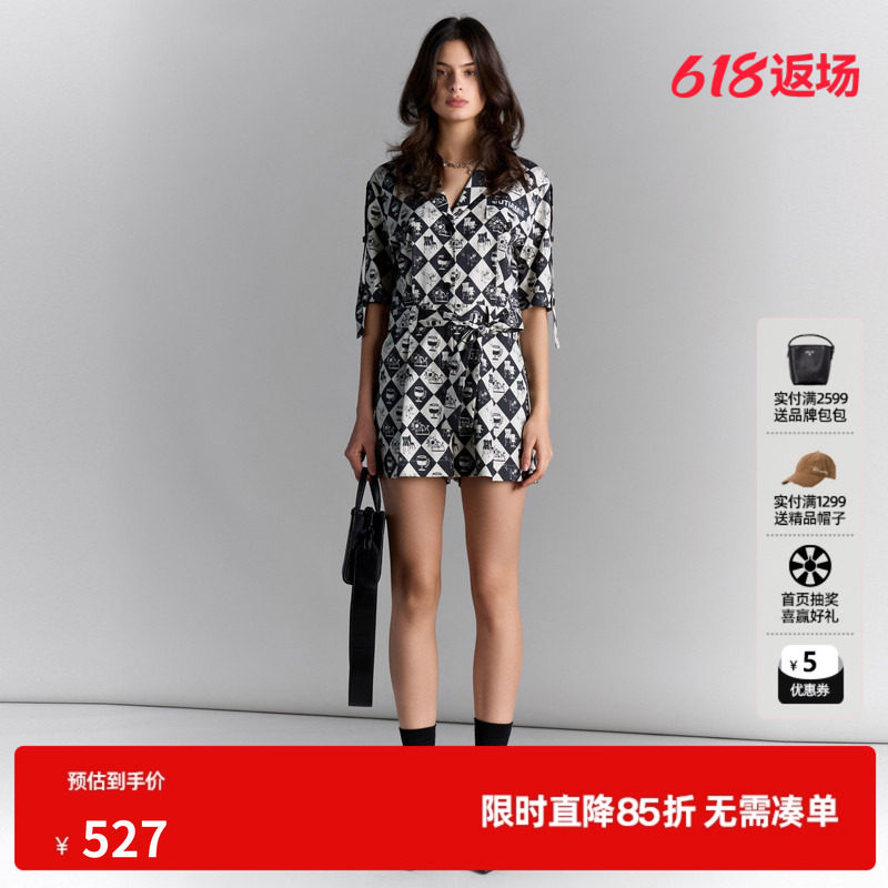 U/TI休闲短袖连体裤短裤女百搭气质黑白格休闲裤尤缇2025夏季新款