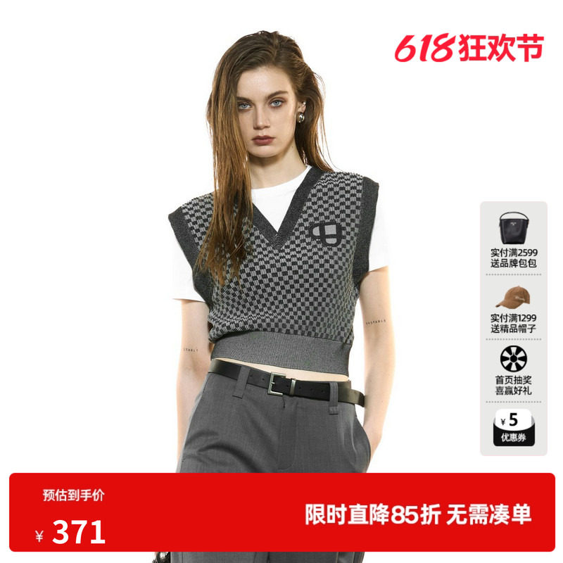 U/TI假两件V领黑白格纹针织衫女 学院风毛衫棉感尤缇2025秋季新款