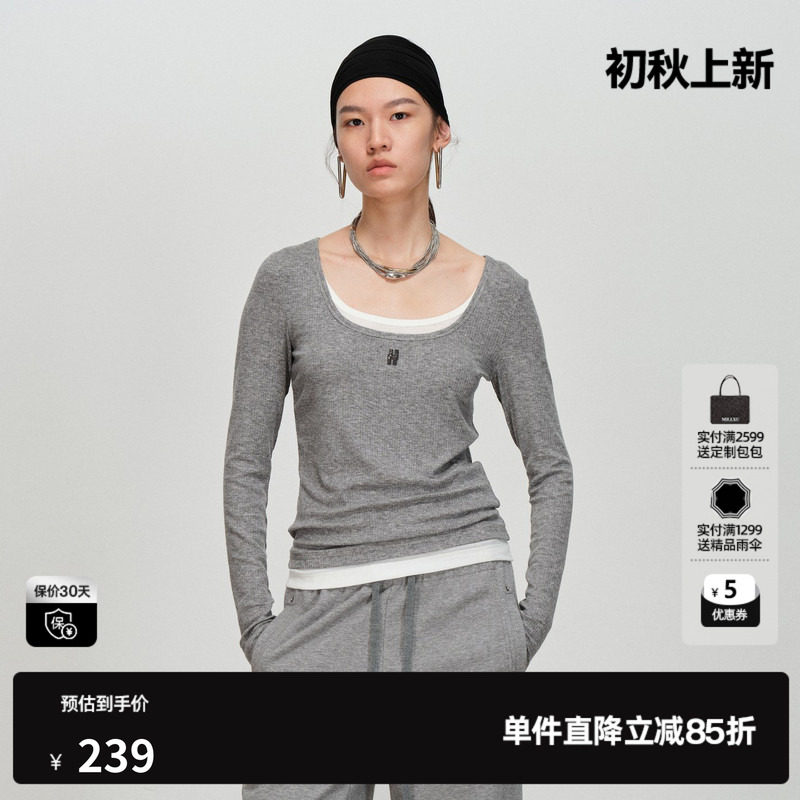 U/TI莱赛尔假两件长袖T恤女拼接修身低圆领打底尤缇2026春季新款