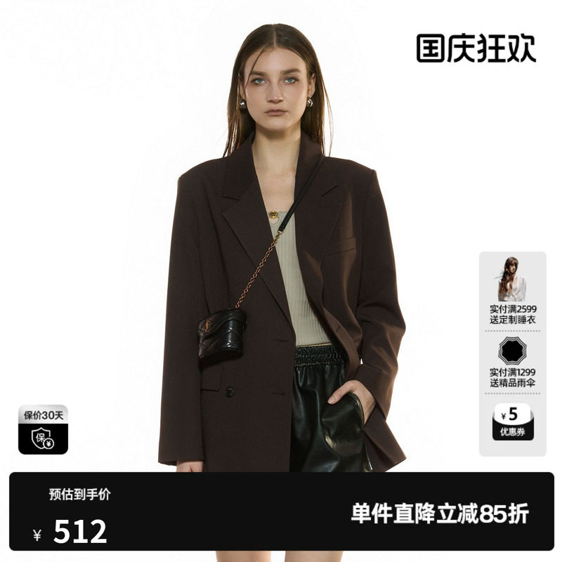 U/TI翻领咖色双排扣西装外套女简约通勤休闲上衣尤缇2025秋季新款