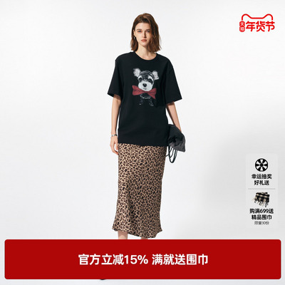 U/TI黑色雪纳瑞印花短袖女 时尚百搭阔版纯棉T恤尤缇2025春季新款