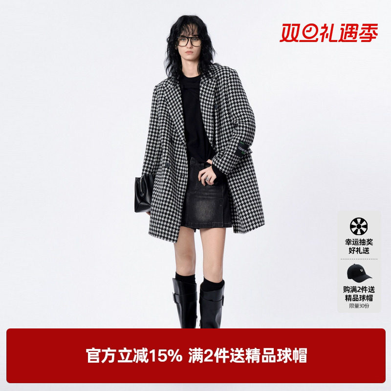 U/TI尤缇2022冬季新款千鸟格羊毛外套UI4D1096595