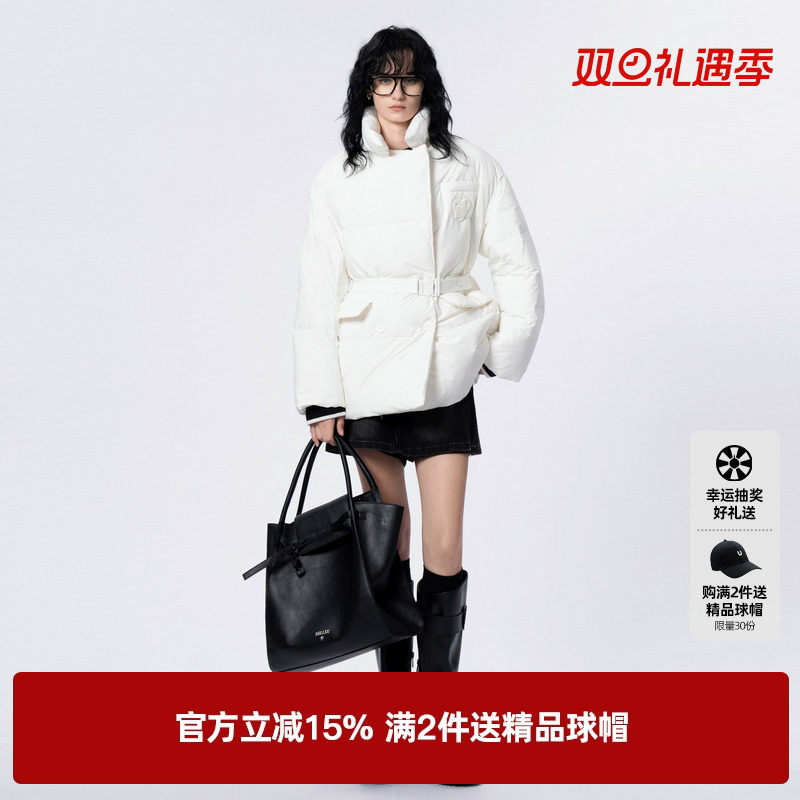 U/TI白色西装式收腰羽绒服女百搭配腰带休闲外套尤缇2023冬季新款