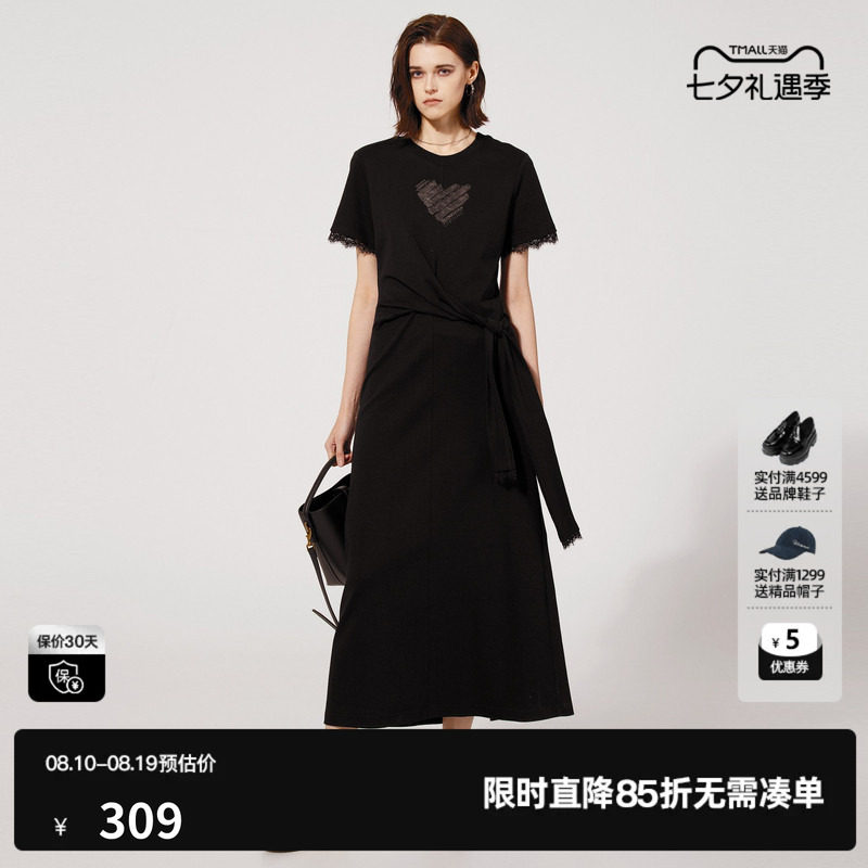 U/TI 黑色100%棉蕾丝连衣裙女绑带捏褶开叉T恤裙尤缇2025夏季新款