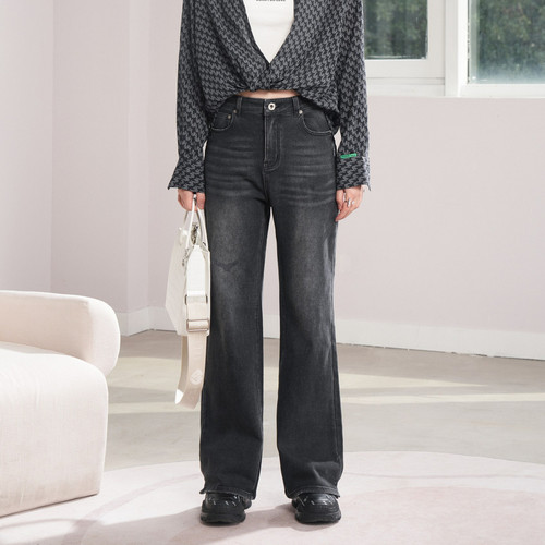 U/TI联名款深灰色复古微喇裤女百搭水洗潮牛仔裤尤缇2024秋季新款