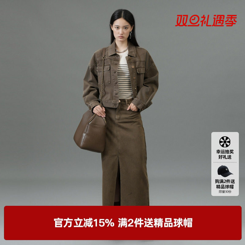 U/TI棕色废土感牛仔外套女百搭落肩水洗休闲上衣尤缇2025春季新款