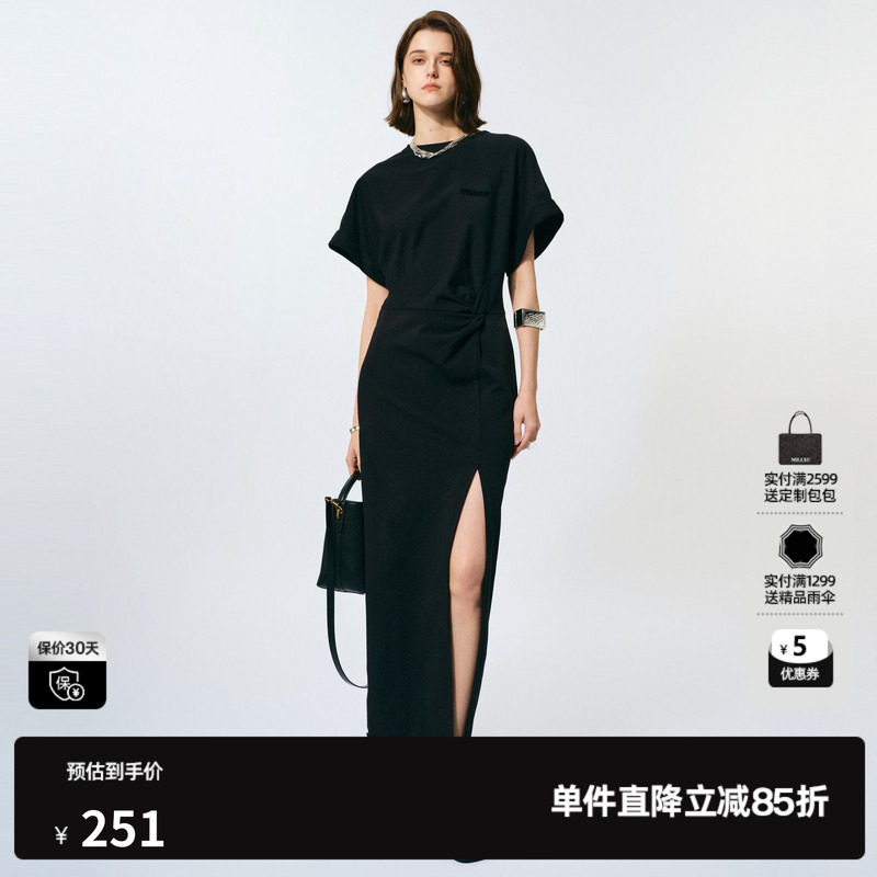 U/TI黑色开衩棉感连衣裙女 设计感褶皱T恤裙长裙尤缇2025春季新款