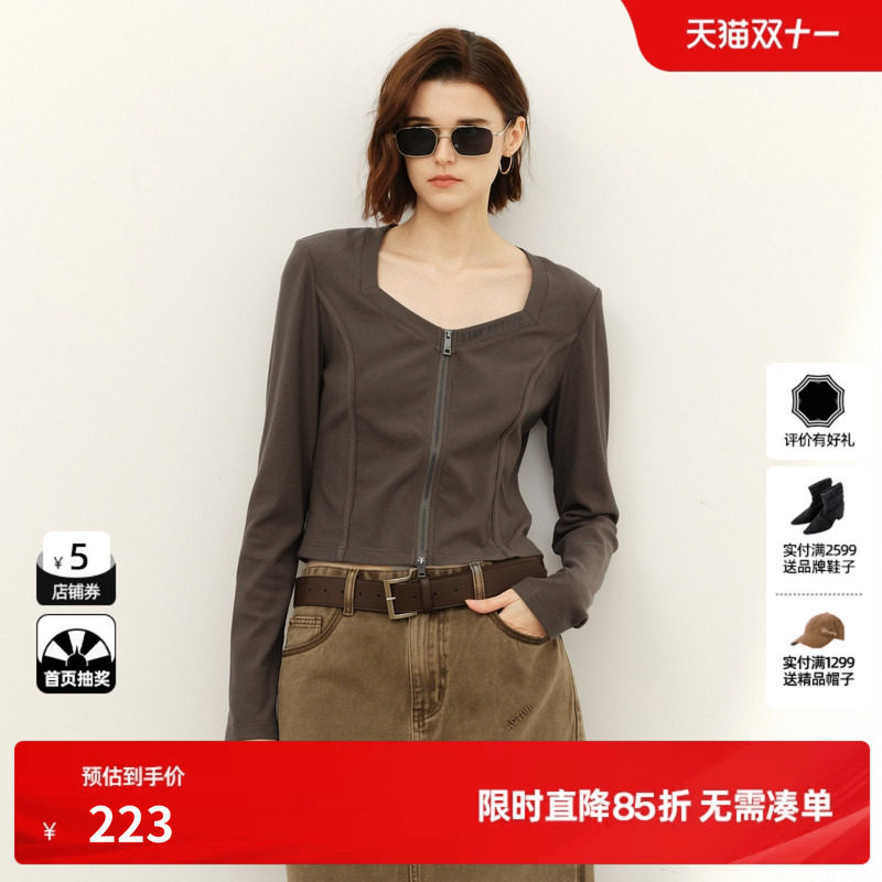 U/TI军绿色方领垫肩高腰短款T恤女装 百搭双拉链尤缇2025春季新款
