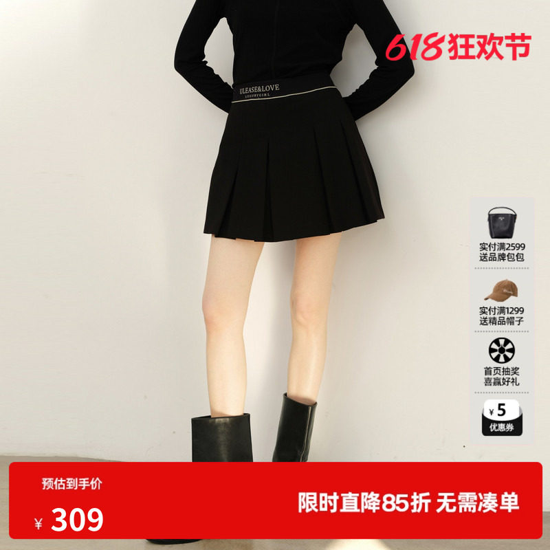 U/TI黑色绵学院风百褶裙裤女百搭运动风短裙尤缇2025春季羊毛混纺