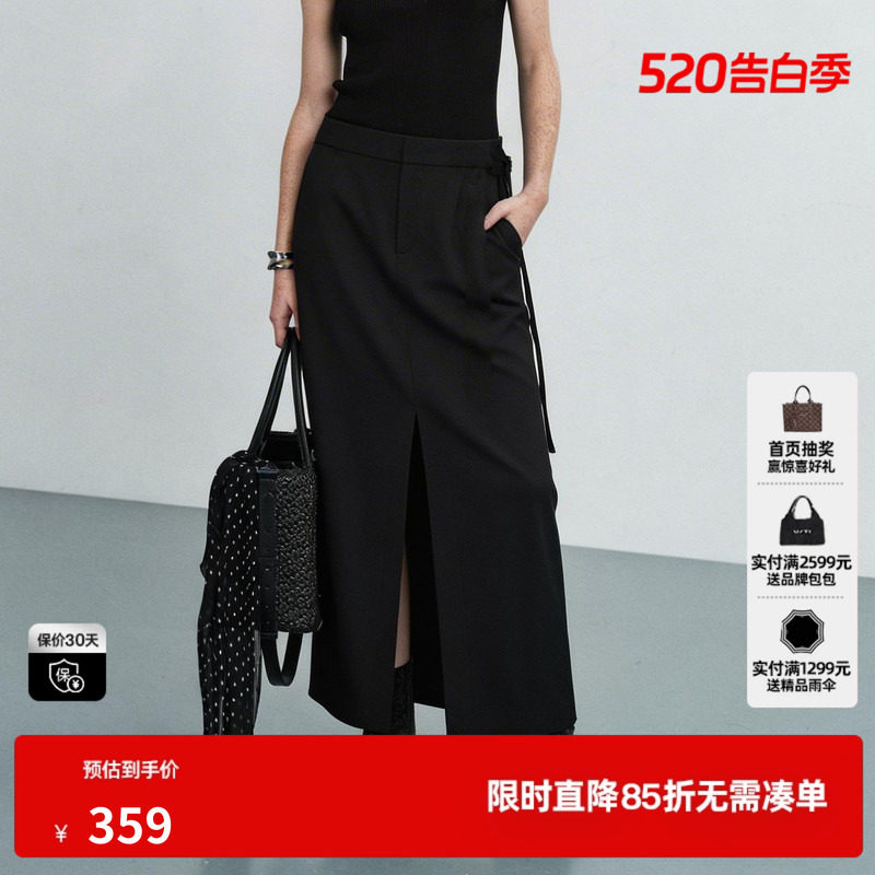 U/TI黑色开叉直筒半身裙女A字绑带修身淑女长裙 尤缇2026夏季新款