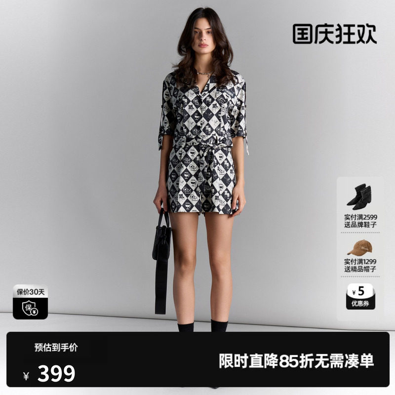 U/TI休闲短袖连体裤短裤女百搭气质黑白格休闲裤尤缇2025夏季新款