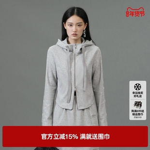 U/TI灰色棉感双拉链短款高腰卫衣女显瘦休闲外套尤缇2025春季新款