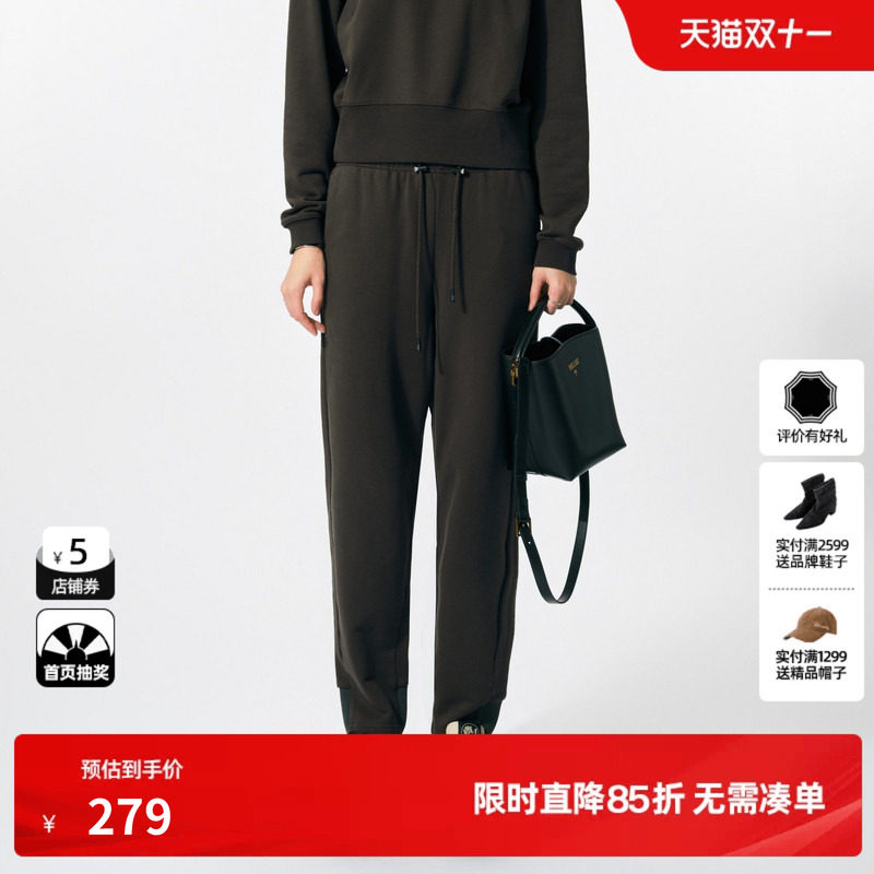 U/TI灰色100%棉简约束脚运动裤女百搭简约休闲裤尤缇2025春季新款
