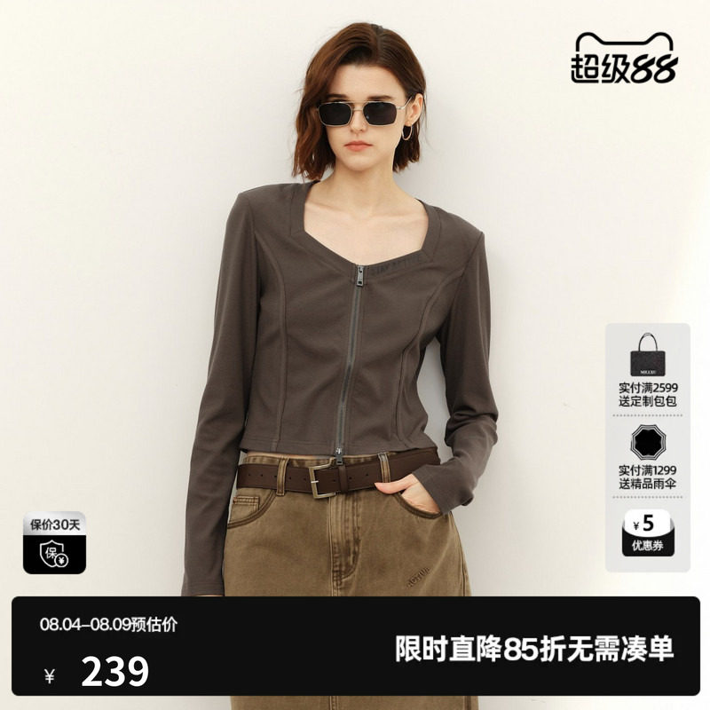 U/TI军绿色方领垫肩高腰短款T恤女装 百搭双拉链尤缇2025春季新款