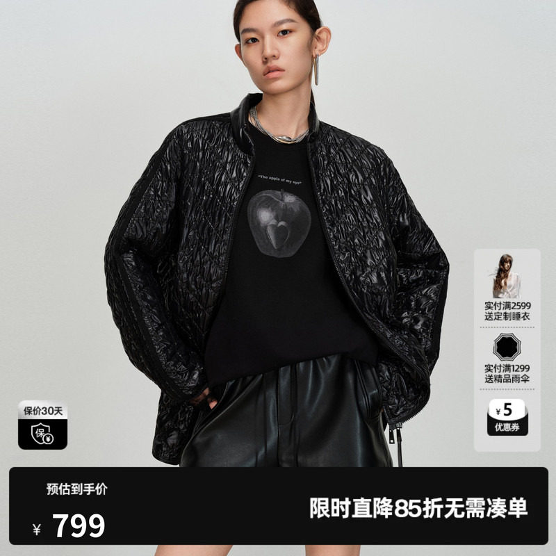 U/TI亮面菱格黑色棉服女宽松落肩光泽肌理感外套尤缇2026春季新款