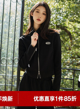 U/TI黑色双开拉链运动风外套女百搭短款休闲上衣尤缇2024春季新款