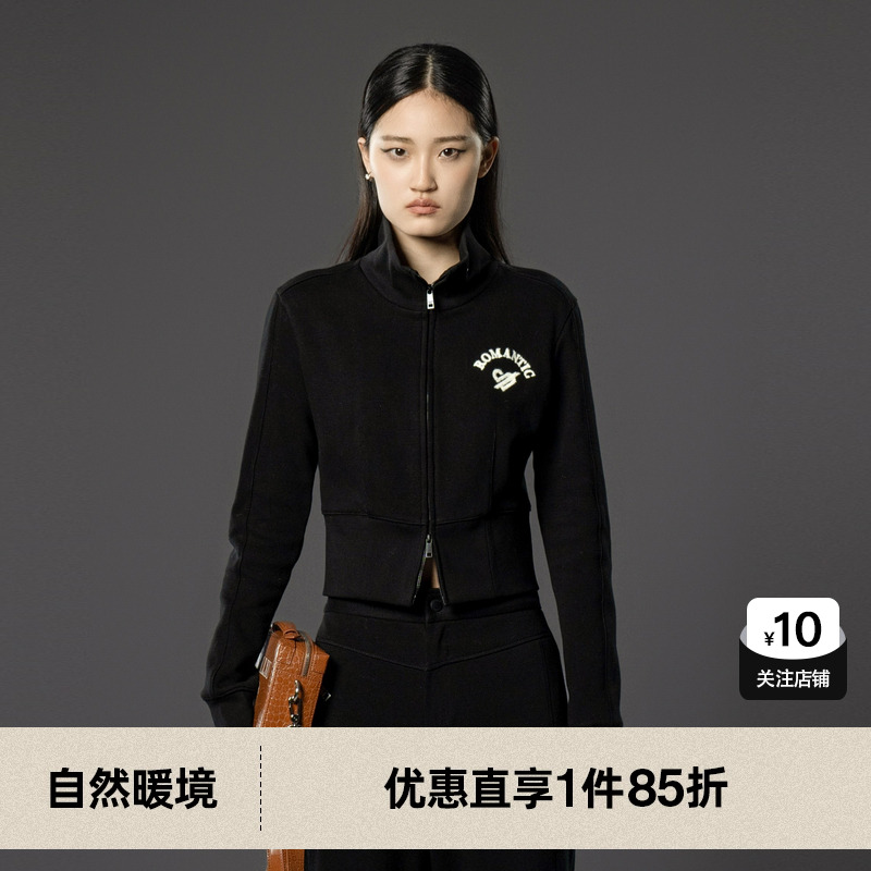 U/TI黑色一体绒运动短卫衣女装百搭正肩休闲上衣尤缇2024冬季新款