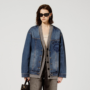 新款 TI毛织拼接水洗牛仔外套女百搭设计感休闲上衣尤缇2024秋季