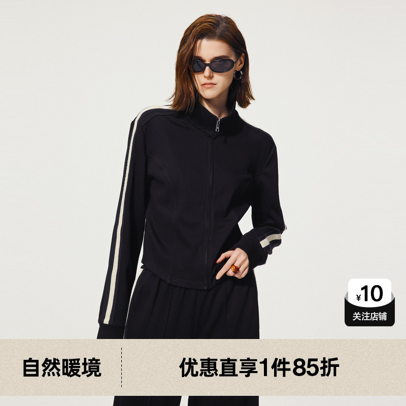 U/TI黑色正肩垂感拉链运动卫衣女装百搭休闲上衣尤缇2024秋季新款