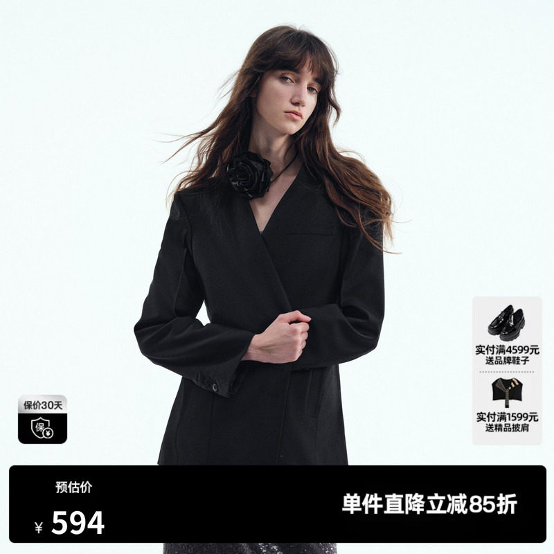 U/TI无领黑色西装外套女装设计感通勤风休闲上衣尤缇2025秋季新款