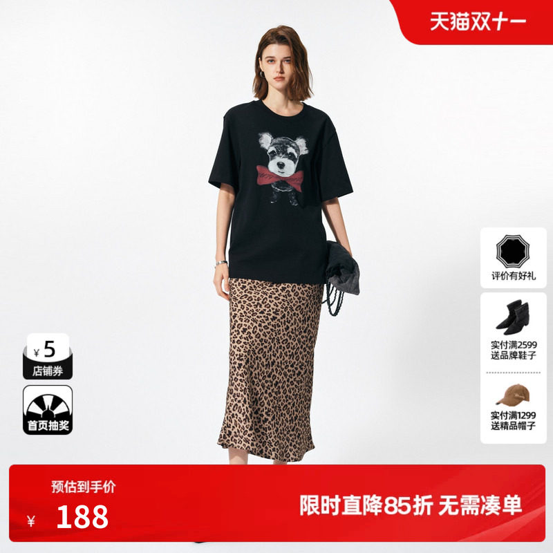 U/TI 黑色100%棉小狗印花短袖女时尚百搭阔版T恤尤缇2025春季新款