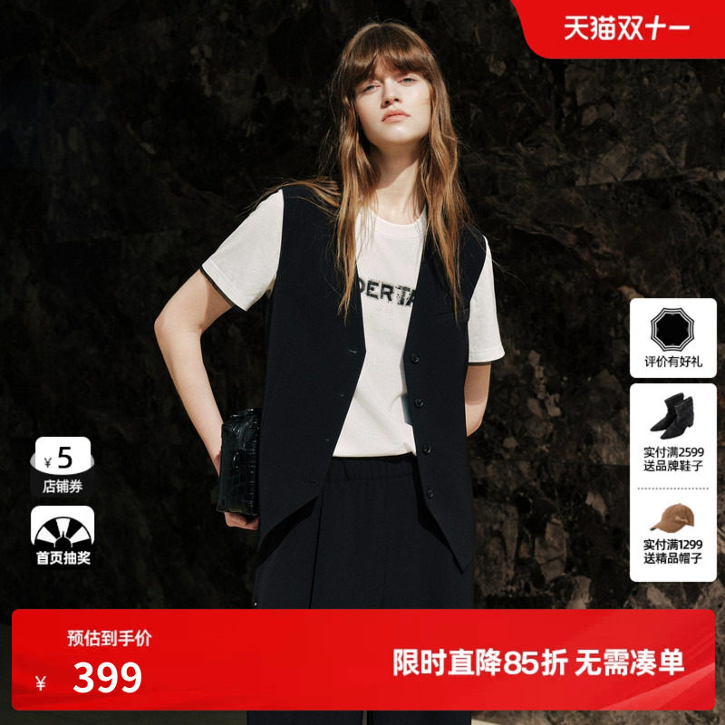 U/TI黑色单排扣无袖西装马夹外套女直筒简约高级尤缇2026秋季新款