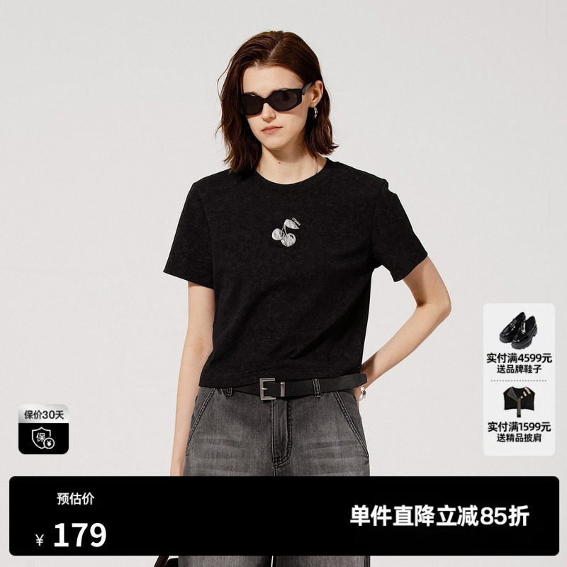 U/TI黑色水果印花短袖薄T恤女 休闲正肩短款上衣尤缇2025夏季新款