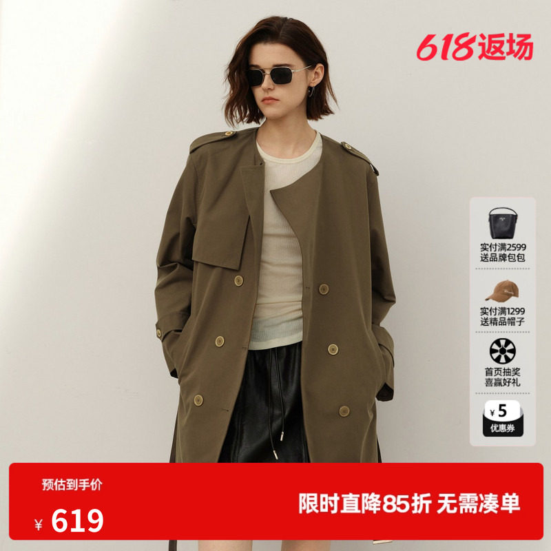 U/TI军绿色英伦风风衣女装棉感简约印花短款外套尤缇2025春季新款