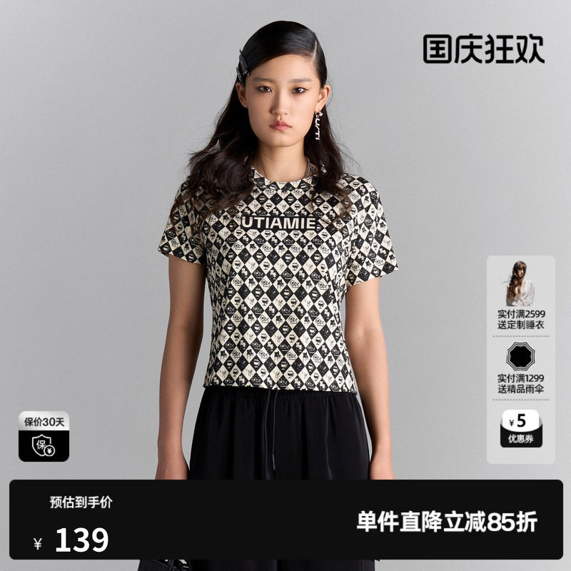 U/TI棋盘满版印花薄T恤女 短款黑白格纹短袖上衣尤缇2025夏季新款