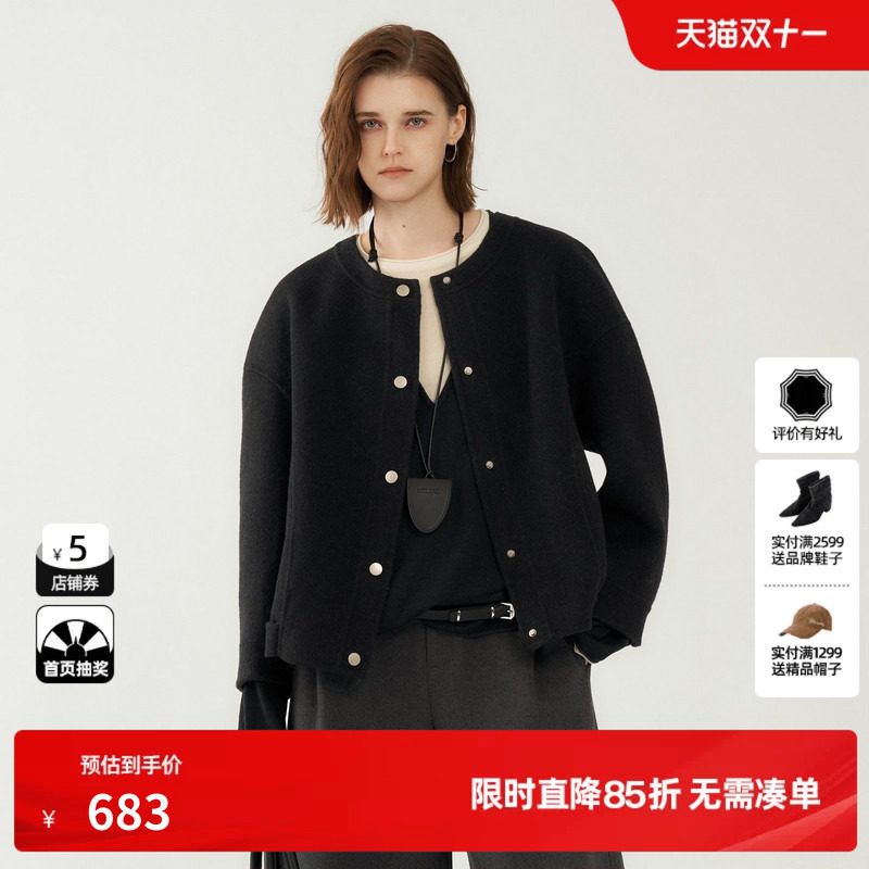 U/TI黑色圆领短款双面呢外套女落肩宽松羊毛上衣尤缇2026冬季新款