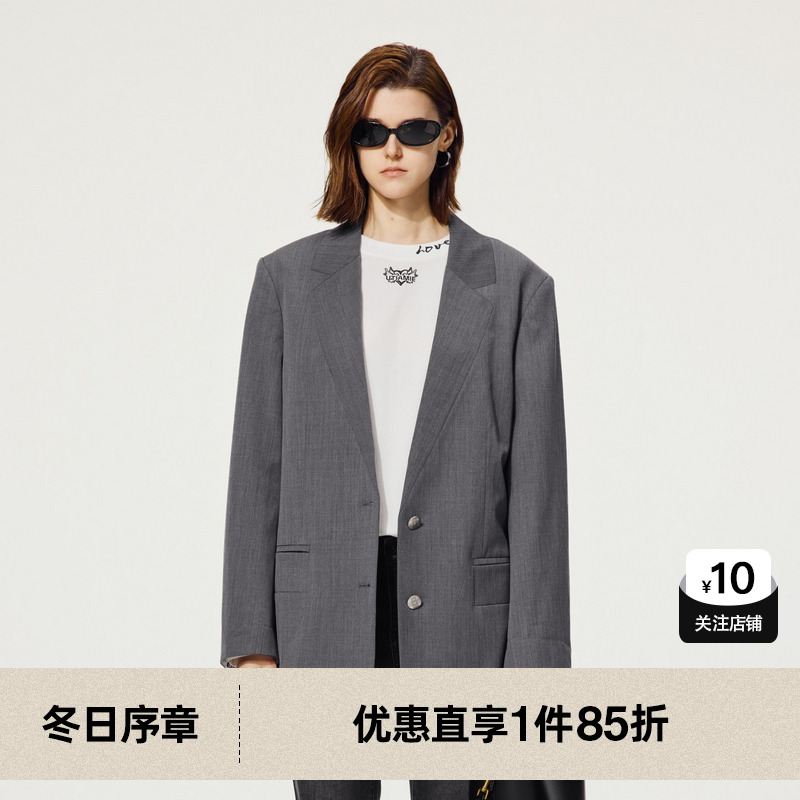 U/TI无领灰色西装外套女复古设计感通勤休闲上衣尤缇2025秋季新款